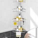 SEIRIONE Rustproof Shower Corner Caddy Organizer for Bathroom, 4 Adjustable Shelves with Tension Pole, for Bathtub Shampoo Accessories Storage Holder, 34 to 116 Inch Height